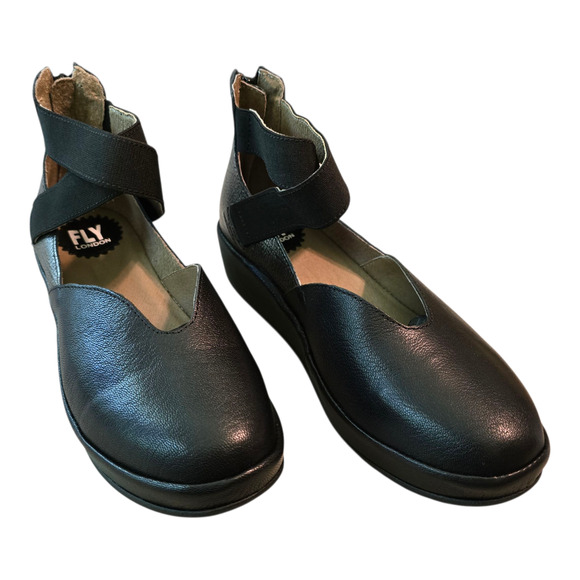 Fly London Shoes Womens Size EU 36 US 5.5M Black/Silver Wedge Mary Jane Leather - Picture 1 of 13